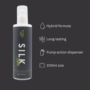 Loving Joy Silk Hybrid Lubricant 250ml, displayed with icons outlining its key features: hybrid formula, long-lasting, and pump action dispenser for a luxurious user experience.